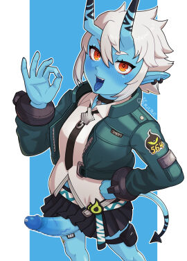 1futa big_breasts big_penis blue_body blue_skin blue_tongue bottomless breasts censored clothed clothing demon demon_girl erection female futa_only futanari high-angle_view hoyoverse humanoid humanoid_penis intersex mosaic_censoring mostly_clothed mutturi_mamer18 necktie oni oni_female oni_horns open_mouth orange_eyes penis pointy_ears precum shirt short_hair skirt solo soukaku_(zenless_zone_zero) standing tail tongue tongue_out white_hair zenless_zone_zero