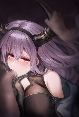 1boy 1girls absurdres arknights black_hairband breasts cum cum_in_mouth dark-skinned_male dark_skin deepthroat fellatio female hairband highres horn_grab horns large_breasts light-skinned_female light_skin long_hair male onedr oral out_of_frame penis purple_eyes purple_hair saliva_on_penis tears typhon_(arknights)