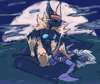 2_penises animal_genitalia animal_penis anthro areola bedding black_body blanket blue_areola blue_markings bodily_fluids cecil_(jejunumiper) clothing cloud cum cum_in_pussy cum_inside cumshot diphallia diphallism duo ejaculation female fur furry_female furry_only garchomp generation_4_pokemon generation_7_pokemon genital_fluids genitals gin_(silverzero) hair hand_on_chest hat hat_only headgear headgear_only headwear headwear_only hemipenes jejunumiper legendary_pokemon male male/female markings moon mostly_nude multi_genitalia multi_penis night nintendo nipple_piercing nipples on_top penis piercing pokemon pokemon_(species) purple_body pussy smile white_hair yellow_body yellow_fur zeraora
