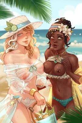 2girls alcohol areolae beach big_breasts bikini black_hair blonde_hair blue_eyes breasts bucket cleavage dark-skinned_female dark_skin day demi_bourbon drink earrings female hat headband ice identity_v jewelry katamak leaves light-skinned_female light_skin long_hair mole multicolored_hair navel nipple_piercing nipples ocean one_eye_closed outside patricia_dorval piercing possumdaddi sand see-through see-through_clothing short_hair sky smile standing sun_hat water white_hair yellow_eyes