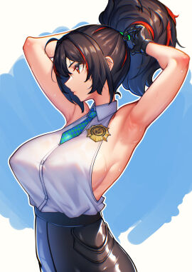 1girls absurdres ahoge armpits bare_arms black_gloves breasts brown_hair female from_side gloves hair_between_eyes highres large_breasts long_hair looking_ahead multicolored_hair necktie nicchi ponytail red_eyes red_hair serious sideboob simple_background sleeveless solo streaked_hair sweat sweatdrop two-tone_hair upper_body zenless_zone_zero zhu_yuan