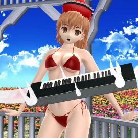 1girls 2024 3d bikini brown-haired_female brown_eyes clouds female ghost_girl hati_yukkuri_mmd light-skinned_female light_skin looking_at_viewer lyrica_prismriver midriff mmd morning musical_instrument outside perfect_cherry_blossom piano poltergeist red_bikini red_hat sky solo_female solo_focus spirit swimsuit touhou wisp