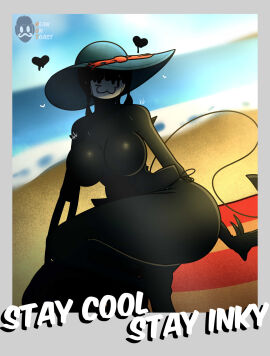 2025 2d 2d_(artwork) 2d_artwork artist_logo artist_name beach beach_background beach_hat beanontoast bendy bendy_and_the_dark_revival bendy_and_the_ink_machine bendy_fem big_breasts black_body breasts demon demon_girl female horns ink_demon no_nipples thick_thighs