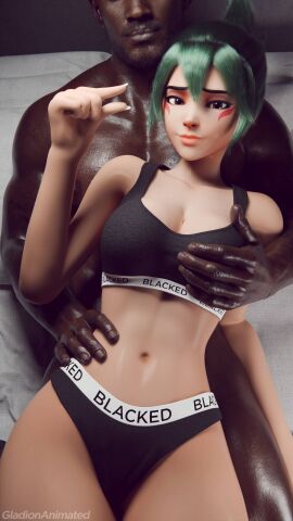 1boy 1girls 3d asian asian_female black_underwear blacked blacked_clothing blizzard_entertainment clothed clothed_female cuckold_pov dark-skinned_male dark_skin female gladionanimated green-haired_female green_hair interracial japanese japanese_female kiriko_(overwatch) looking_at_viewer male overwatch overwatch_2 penis pinching_gesture small_penis_gesture small_penis_humiliation underwear
