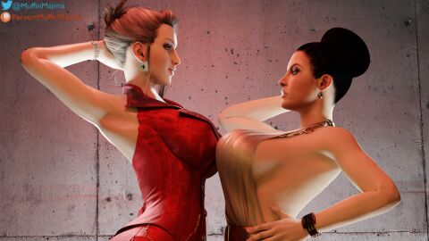 2girls 3d black_hair blonde_hair boob_press bracelet breasts breasts_against_breasts cleavage clothed_female clothing crossover earrings excella_gionne female female_only final_fantasy final_fantasy_vii final_fantasy_vii_remake high_resolution highres looking_at_another pervertmuffinmajima resident_evil resident_evil_5 scarlet_(ffvii) tight_dress