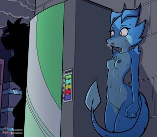 2025 almost_caught bodily_fluids breasts city city_background fan_character female fours_(artist) fourssss gecko genitals hi_res hiding lizard multicolored_body nipples nude public public_nudity pussy reptile scalie sega signature skitter_the_gecko sonic_(series) sonic_the_hedgehog_(series) streaking sweat sweatdrop two-tone_body vending_machine vulva yellow_eyes