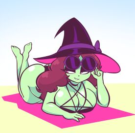 ass beach breasts eyeshadow female green_body half-closed_eyes jek_korpen lying_on_stomach oc one-piece_swimsuit sunglasses tagme tagme_(character) thighs witch_hat