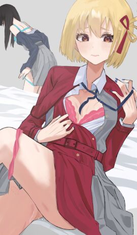 2girls after_sex bite_mark black_hair black_ribbon blonde_hair blue_bra blue_nails blue_panties blush bra breasts brown_eyes cleavage clothing commentary_request dress female hair_ribbon highres inoue_takina legs_together long_hair lycoris_recoil lycoris_uniform matching_underwear medium_breasts medium_hair multiple_females multiple_girls neck_ribbon nishikigi_chisato on_bed one_side_up open_clothes open_dress panties panties_around_one_leg panties_down pink_bra pink_panties purple_dress pussy pussy_juice red_dress red_ribbon ribbon shirt short_hair sitting skirt ulette underwear untied_ribbon yuri