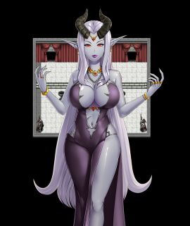 ass ass_grab big_ass big_breasts breasts curvaceous curvy curvy_female curvy_figure demon demon_girl demon_horns earrings female grey_skin huge_ass huge_breasts jewelry kingdom_of_subversion large_breasts lips lipstick long_ears long_hair makeup purple_lips purple_lipstick queen queen_selvana_(kingdom_of_subversion) red_eyes rpg_maker screencap screenshot silver_hair size_difference standing tall_female taller_female thick_thighs thighs very_long_hair voluptuous voluptuous_female white_hair