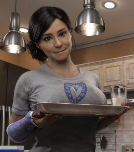 1girls 3d 3d_(artwork) black_hair breasts erect_nipples erect_nipples_under_clothes female female_focus female_only glass hair_bun holding_object holding_plate looking_at_viewer marvel marvel_comics milk offering offering_to_viewer presenting presenting_breasts rio_morales rio_morales_(insomniac) spider-man:_miles_morales_(ps5) spider-man_(ps4) spider-man_(series) spider-man_2_(ps5) t-shirt tied_hair vforvendettav