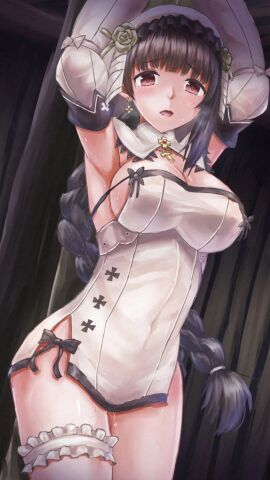 ankh armpits arms_up black_hair blunt_bangs blush bondage bound bow braid breasts bridal_garter cleavage commentary_request covered_navel cowboy_shot detached_sleeves dress earrings female flower frills habit highres jewelry large_breasts long_hair looking_at_viewer navel necklace nun open_mouth pussy pussy_juice rabiane_(sinisistar) resolution_mismatch rose sakatsu_ohane sideboob single_braid sinisistar solo source_smaller strapless strapless_dress sweat thighs veil very_long_hair white_dress white_flower white_rose white_veil