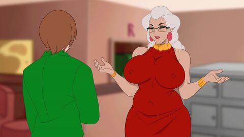 animated ass bbw big_ass big_breasts big_nipples breasts discreenvision female game_cg glasses grey_hair heels huge_breasts inusen lipstick milf milf_boom older_female red_dress
