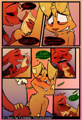 4_fingers absurd_res anthro balls big_balls big_penis black_blush black_clothing black_eyebrows black_nose black_sclera black_shirt black_topwear blush bodily_fluids brown_body brown_fur brown_nose canid canine canis clothed clothed_sex clothing comic cousins_(lore) damian_(zoophobia) duo eyebrows fingers floppy_ears fluffy_ears foreskin fur furniture genitals green_text hi_res incest_(lore) jack_(zoophobia) jackal licking male male/male mammal nude on_sofa oral penile penis penis_lick pupils red_body red_fur red_pupils red_text saliva saliva_on_penis sex shirt siriusandpyri sitting sitting_on_sofa slim sofa speech_bubble tan_penis teeth text tongue tongue_out topwear uncircumcised white_sclera zoophobia