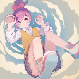 100_kanojo 1girls 2d black_skirt bow closed_mouth cloud convenient_leg dot_mouth female furukawa_raku hair_bow kimi_no_koto_ga_dai_dai_dai_dai_daisuki_na_100-nin_no_kanojo looking_at_viewer masseuse momi_momiji ohananomitsu_middle_school_uniform pervert pervert_female pleated_skirt purple_eyes purple_hair red_bow school_uniform shirt shoes skirt sky solo the_100_girlfriends_who_really_really_really_really_really_love_you tied_hair vest viewed_from_below white_shirt white_shoes yellow_vest