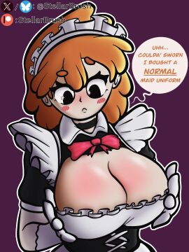 1girls big_breasts black_eyes blush bowtie breast_grab breasts cleavage female flustered frown gloves holding_breast huge_breasts large_breasts looking_down maid maid_headdress maid_outfit maid_uniform massive_breasts orange_hair outline patreon patreon_logo patreon_username sad simple_background solo solo_focus stella_(stellarbrush) stellarbrush_(artist) tagme talking_to_self text text_bubble twitter_username uniform white_outline
