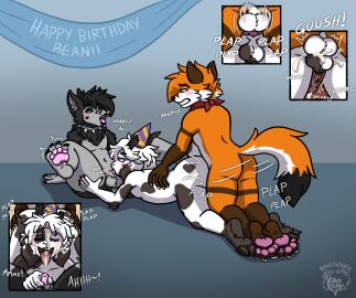afterimage all_fours anal anal_sex animal_genitalia animal_penis anthro arctic_wolf ass balls balls_touching banner benji_(beanii) big_ass big_balls big_butt big_penis birthday birthday_banner birthday_sex black_body black_fur blue_eyes blush blush_lines bodily_fluids bovid brown_body brown_fur canid canine canine_genitalia canine_penis canis caprine claws clenched_teeth close-up closed_eyes collar cum cum_in_mouth cum_inside cum_on_face cum_on_tongue cum_while_penetrated curling_toes dare_spiritmoon darefloofy dialogue digital_drawing_(artwork) digital_media_(artwork) digitigrade ejaculation english_text eyeliner eyeshadow fangs feet fellatio fox fur genital_fluids genitals goat green_eyes grey_body grey_fur group handjob hooves horn kerchief kneeling knot knotting lips lipstick makeup male male/male mammal moan motion_lines neck_tuft onomatopoeia oral orange_body orange_fur pawpads paws penetration penile penis plantigrade red_kerchief sex shaded sheath sitting small_penis sound_effects spiked_collar spikes spitroast tail teeth text thick_thighs tongue trio tuft white_body white_fur wolf zuivel_the_fox