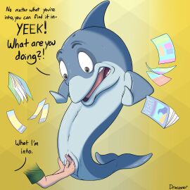 2017 absurd_res ambiguous_gender anatomically_correct anatomically_correct_genitalia anatomically_correct_penis animal_genitalia animal_penis blowhole bodily_fluids cetacean cetacean_genitalia cetacean_penis dialogue disembodied_hand dolphin dorsal_fin dracovar_valeford duo english_text feral fin flippers flukes genital_slit genitals grey_eyes grope hi_res looking_down male male/ambiguous male_feral male_focus mammal marine mascot molestation open_mouth pamphlet penis penis_grab penis_tip shocked simple_background slitfluid solo_focus surprise sweat sweatdrop tapering_penis text toothed_whale wide_eyed yellow_background zoophilia