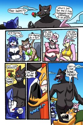 1boy 4girls anthro ass assisted_exposure beach blush dialogue english_text female fox_mccloud furry humiliation insecure karma katt_monroe krystal lucy_hare male miyu_(star_fox) miyu_lynx panther_caroso pantsing robablo speech_bubble star_fox star_fox_2 star_fox_command tagme text