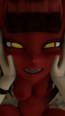 1boy 1girls 3d :d areolae blush breasts cheek_squish demon demon_girl demon_horns female female_focus freckles full-face_blush half-closed_eyes hand_on_cheek hands_on_cheeks happy happy_sex heart-shaped_pupils heart_eyes implied_sex long_hair looking_at_viewer lying_on_back lying_on_bed male mating_press meddlade medium_breasts meru_(merunyaa) meruccubus_(merunyaa) missionary missionary_position nipples on_back on_bed open_mouth open_smile original pov pussy red_body red_hair sex sfm smile solo_focus spread_legs succubus vaginal_penetration yellow_eyes