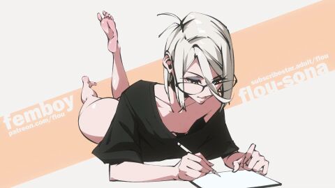 1boy ambiguous_gender animated ass drawing feet feet_flopping femboy flou flou_(character) gif glasses legs light-skinned_male light_skin male male_only nipple_piercing nipples nipslip orange_eyes oversized_shirt piercing soles toes white