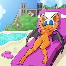 anthro areola bat bat_wings beach big_ears black_nose black_wings blue_eyeshadow breasts brown_areola brown_nipples closed_eyes eyelashes eyeshadow female front_view fur genitals hands_behind_head hi_res lying makeup mammal membrane_(anatomy) membranous_wings navel nipples nude on_back orange_body orange_fur pussy rouge_the_bat sea sega skwid solo sonic_(series) sonic_the_hedgehog_(series) thick_thighs vulva water white_body white_fur wide_hips wings