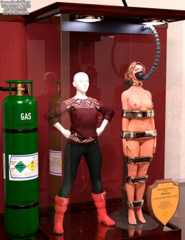 1girls 3d blonde_hair bound bound_arms bound_legs completely_nude female female_only full_body mannequin nude nude_female samantha_giddings solo thejpeger trophy_case unconscious unconscious_female until_dawn