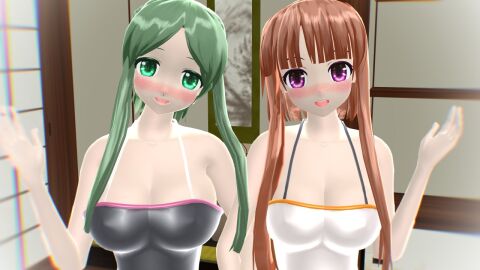 2023 2girls 3d black_swimsuit blurry_background blush breasts brown-haired_female cleavage duo_female duo_focus female green-eyed_female green-haired_female hati_yukkuri_mmd holding_arms holding_each_other indoors jpeg light-skinned_female long-haired_female looking_at_viewer mmd nishida_satono one_arm_up open_mouth pink-eyed_female swimsuit teireida_mai touhou white_swimsuit