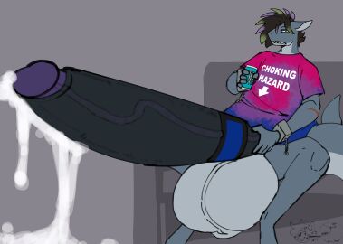 absurd_res accessory anthro balls beverage big_balls big_penis bisexual_pride_colors bodily_fluids bottomless clothed clothing cock_ring commanderthings cum ejaculation excessive_cum excessive_genital_fluids fish foreskin genital_fluids genitals hi_res huge_balls huge_cock hyper hyper_balls hyper_genitalia hyper_penis jewelry looking_at_viewer male marine penis penis_accessory penis_jewelry precum restraints shark sitting solo uncircumcised