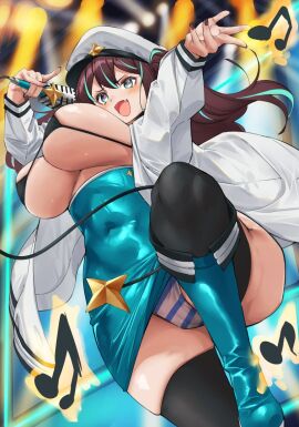 1girls akoya_matama bikini_top breasts female female_only kutibueve large_breasts loco_musica mahou_shoujo_ni_akogarete microphone panties skimpy_bikini solo thick_thighs thighhighs thighs upskirt