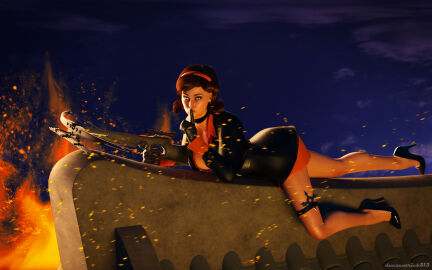 1960s 3d 60s belt big_breasts breasts brown_hair cate_archer choker cleavage_cutout coat crossbow duesentrieb earrings female gloves headband heels makeup no_one_lives_forever secret_agent short_hair shuriken solo_female spy