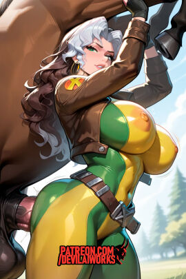 ai_generated bestiality_impregnation big_ass big_breasts bodysuit devilaiworks horse horsecock marvel marvel_rivals rogue_(marvel_rivals) rogue_(x-men) superheroine x-men zoophilia