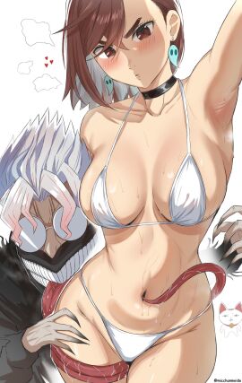 1boy 1girls ayase_momo belly bikini blush breasts brown-haired_female brown_hair brunette_hair choker couple dandadan female glasses gyaru licking male mask micchan_(micchanmeido) takakura_ken_(okarun) takakura_ken_(okarun)_(transformed) tongue tongue_out turbo_granny_(dandadan) underwear white_hair