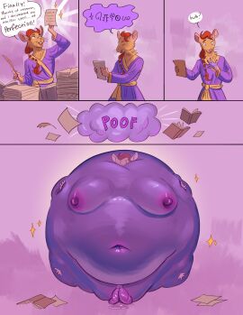 absurd_res accident andromorph anthro big_vulva blueberry_(fruit) blueberry_inflation buckteeth chezdarr_valveedur clothing comic english_text exposed fangsboi food fruit gender_transformation genitals hi_res hyper hyper_genitalia hyper_vulva immobile immobilization inflation intersex magic magic_gone_wrong magic_inflation magic_user male mta_transformation mti_transformation nipples paizo pathfinder pathfinder_(oc) plant poof_effect poof_transformation ratfolk robe solo teeth text transformation vulva