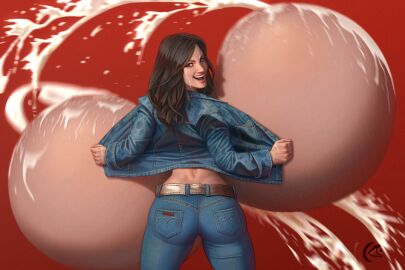 2d ass big_ass bouncing_breasts breast_expansion breast_growth breast_growth_(enlargement) breasts breasts_bigger_than_body breasts_bigger_than_torso breasts_in_motion breasts_out brown_hair denim denim_jacket denim_jeans denise_milani digital_art female gigantic_breasts jacket jeans lactating lactating_nipples lactation mangrowing massive_breasts milk pants real_person smile tight_ass