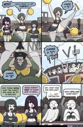 alternate_universe ass au big_breasts black_hair braces breasts bubble_blowing bubble_gum bubblegum cheering cheerleader cheerleader_uniform comic comic_page dark_hair dialog dialogue dialogue_box dialogue_bubble doctorloops female funny gum heart high_school huge_ass huge_breasts implied_nudity kneesocks layla_(doctorloops) light-skinned_female light_skin lips lipstick lisp mona_(doctorloops) onomatopoeia pom_pom_(cheerleading) pom_poms spelling text text_bubble thick_thighs thighs veronica_(doctorloops) veronica_and_mona white_skin wide_hips worried