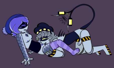 1boy 1girls 2d android back_spikes beanie caution_stripes claws cunnilingus disassembly_drone fangs female glitch_productions grey_hair hat headwear holding_legs humanoid humanoid_female humanoid_male male male/female murder_drones n_(murder_drones) needle on_knees pilot_hat precum purple_hair purple_nipples robot robot_boy robot_girl robot_humanoid screen_face socks stockings syringe tail uzi_(murder_drones) wagging_tail worker_drone wywyrm