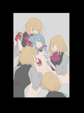 5girls aaaboutle absurdres aver_(yumenokessho) bang_dream! bang_dream!_it's_mygo!!!!! black_border black_vest blonde_hair blue_hair border bow bowtie breasts closed_eyes clothed_female_nude_female commentary completely_nude cunnilingus doloris_(bang_dream!) facial_tattoo female gloves grabbing_another's_breast grey_background grey_shirt groping hairbow harem hashtag-only_commentary highres holding_another's_wrist long_sleeves medium_hair misumi_uika multiple_females multiple_girls navel nipples nude open_mouth oral purple_bow purple_bowtie red_bow red_gloves shirt simple_background smile sweets_paradise tattoo togawa_sakiko vest yellow_eyes yumenokessho yuri