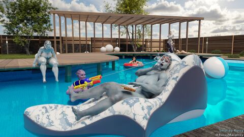 16:9 3d 6girls alien alien_girl artist_name asari ashley_williams beach_ball big_breasts blue_skin book breasts busty edi female female_only giant_breasts huge_breasts human jack_(mass_effect) mass_effect mass_effect_2 mass_effect_3 miranda_lawson multiple_females multiple_girls nipples nude nude_female pink_skin pool pool_float robot robot_girl russymacalroy samara sunbathing tagme water watergun