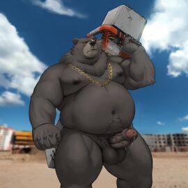 1boy animal_ears balls bara bare_pectorals bear_boy bear_ears belly ben_bigger biceps brown_fur chain_necklace chains claws commentary_request completely_nude covered_balls erection fat foreskin furry furry_male gold_necklace highres holding holding_weapon jewelry male male_focus navel necklace nipples nude pectorals penis photo_background plump precum rossciaco scar scar_across_eye scar_on_face testicles uncircumcised veins veiny_penis weapon yaoi zenless_zone_zero