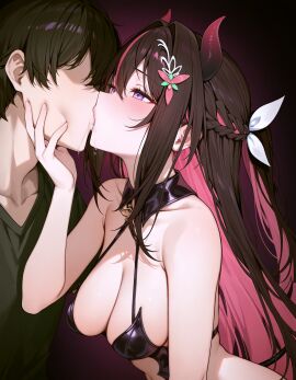 1boy 1girls ai_generated azki_(hololive) belly belly_button blush brown_hair hololive horns kissing large_breasts long_hair navel pink_hair purple_eyes revealing_clothes smile straight succubus succubus_tail thighs tongue_kiss virtual_youtuber white_hair