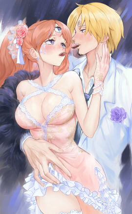1boy 1girls 3_eyes auburn_hair big_breasts blonde-haired_male blonde_hair blue_eyes blush breasts brown-haired_female brown_hair candydan2 charlotte_pudding chocolate cleavage dress eye_contact facial_hair female flower_in_hair formal frills garter gloves goatee hair_ornament hair_over_one_eye light_brown_hair long_hair looking_at_another male multi_eye one_piece post-timeskip ritayaart1 strawberry_blonde_hair suit twintails vinsmoke_sanji