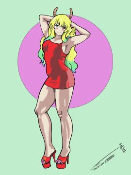 1girls anklet artist_signature blonde_hair blush dress female green_eyes hands_behind_head heterochromia high_heels horns ironsiderodger legs light-skinned_female light_skin lucoa lucoa_(maidragon) miss_kobayashi's_dragon_maid open_toe_shoes painted_toenails pink_nails quetzalcoatl_(dragon_maid) red_dress red_high_heels yellow_eye