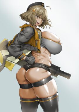 1girls anis_(nikke) ass belly big_ass big_breasts big_butt bonten breasts breasts_bigger_than_head female female_focus female_only goddess_of_victory:_nikke gun light-skinned_female light_skin looking_at_viewer looking_back looking_back_at_viewer short-haired_female short_hair short_shorts shorts thick_thighs thigh_strap thighs video_game_character weapon