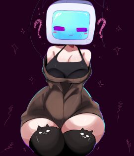 1girls =_= bare_shoulders big_breasts big_hips big_thighs black_bra black_sports_bra black_thighhighs blush blush_lines bra breasts brown_sweater busty busty_female cat_thighhighs cleavage closed_eyes clothed clothing curvaceous curvy curvy_figure curvy_hips cute female female_focus female_only fully_clothed gazericc hands_between_legs hands_between_thighs hearts_around_head highres hips large_breasts large_hips large_thighs light-skinned_female light_skin miyu_(rox_hoxten) no_pants no_pupils object_head oc original_character oversized_clothes oversized_sweater pink_skin question_mark question_marks rox_hoxten screen screen_face screen_head shiny_skin shoulders simple_background sketch_background slim_waist smile solo solo_female solo_focus sports_bra star stars stars_around_body stars_around_head sweater thick_hips thick_legs thick_thighs thighhighs thighs tv tv_head tv_screen wholesome