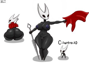 2025 2_horns 4_fingers absurd_res areola arthropod ass belly big_breasts big_butt biped black_eyes black_text breasts clothing duplicate english_text eyelashes female fingers genitals hi_res holding_melee_weapon holding_object holding_weapon hollow_knight horn hornet_(hollow_knight) looking_at_viewer looking_back melee_weapon mey810 multiple_scenes nipples nude pussy red_clothing repost sitting solo standing team_cherry text vulva weapon
