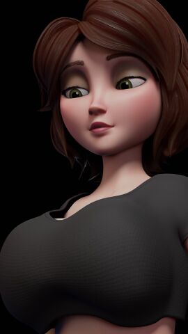 2021 3d aunt_cass big_hero_6 blender breasts brown_eyes brown_hair cass_hamada clothed female huge_breasts looking_down marvel marvel_comics squidly white_skin