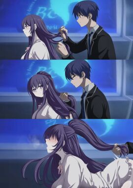 1boy 1girls 2d 2d_(artwork) 3koma all_fours ass bent_over big_ass big_breasts blue_hair blush breasts brown_eyes busty clothed_sex date_a_live doggy_style female grabbing_hair hair_over_eyes horse_tail implied_sex itsuka_shido large_breasts light-skinned_female light_skin long_hair male moaning night pijama purple_eyes purple_hair pussy school_uniform sex sex_from_behind short_hair smile thighs vaginal_penetration voluptuous yatogami_hebikura yatogami_tohka