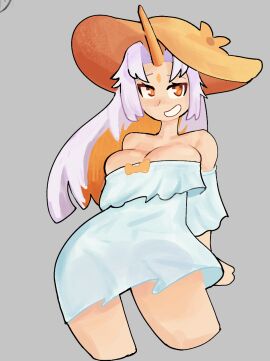 1girls artist_request bare_legs bare_shoulders big_breasts breasts bursting_breasts cleavage dress female female_only fire_emblem fire_emblem_heroes grey_background gullveig_(fire_emblem) hat headwear horn large_breasts multicolored_hair off_shoulder simple_background solo sundress two-tone_hair unknown_artist white_hair