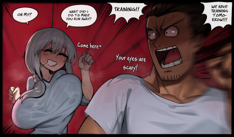 1boy 1girls big_breasts bouncing_breasts breasts busty closed_eyes closed_eyes_smile curvaceous curvy curvy_body curvy_female curvy_figure english_text facing_viewer father_and_mother female geulimykun_(skbyunea413) huge_breasts husband_and_wife imminent_death_by_snu_snu large_breasts male milf mother running text unaligned_breasts uzaki-chan_wa_asobitai! uzaki_fujio uzaki_tsuki voluptuous white_shirt wife_and_husband