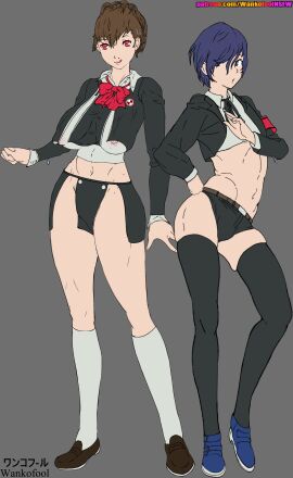 1boy 1girls 2025 2d alternative_universe armband armwear artist_name ass atlus big_ass big_breasts blue_hair breasts bulge character_sheet clothing concept_art female female_protagonist_(persona_3) femboy femboy_focus femboy_with_female feminine_male feminization flat_colors footwear gay hotpants human impossible_clothes kotone_shiomi makoto_yuki male male_only megami_tensei pale_skin penis persona persona_3 persona_3_reload pubic_hair school_uniform showing_off siblings? sissy sketch smiling thick thick_thighs uniform wankofool